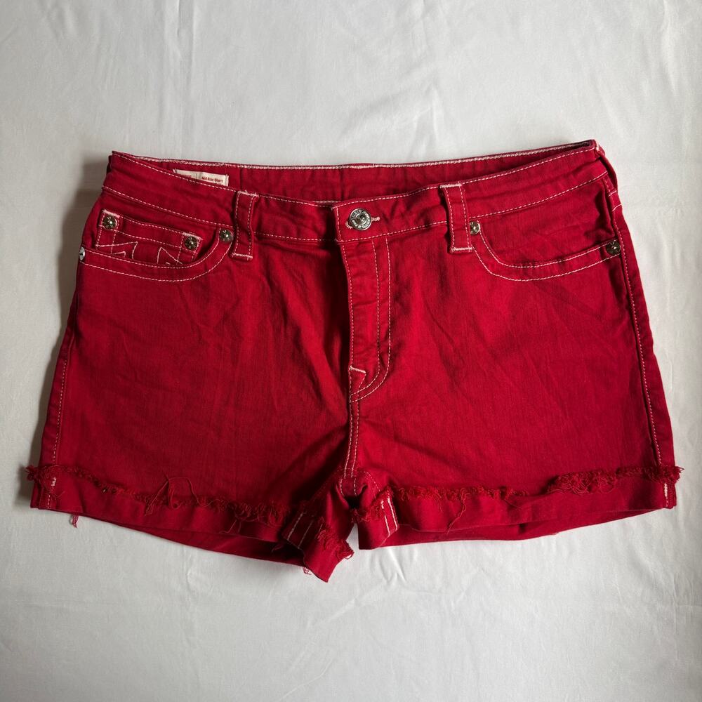 True Religion Jennie Curvy Cherry Red Denim Shorts Size 33